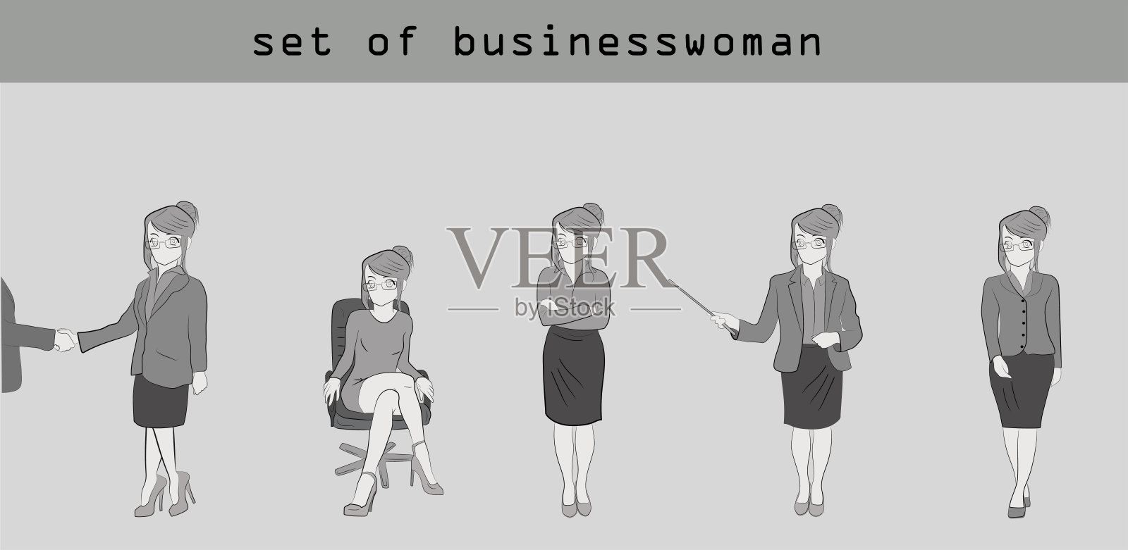 小个子女商人摆出各种姿势。手绘卡通矢量插图的商业设计和信息图表。插画图片素材