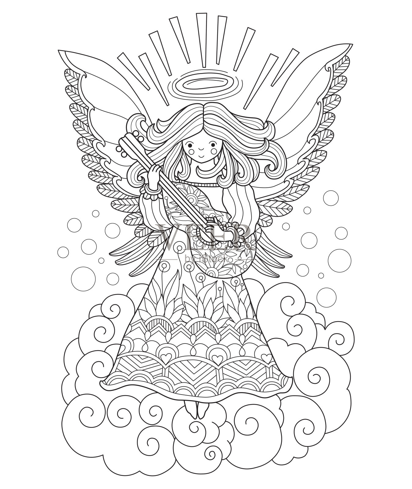 手绘天使弹吉他为成人涂色页。插画图片素材