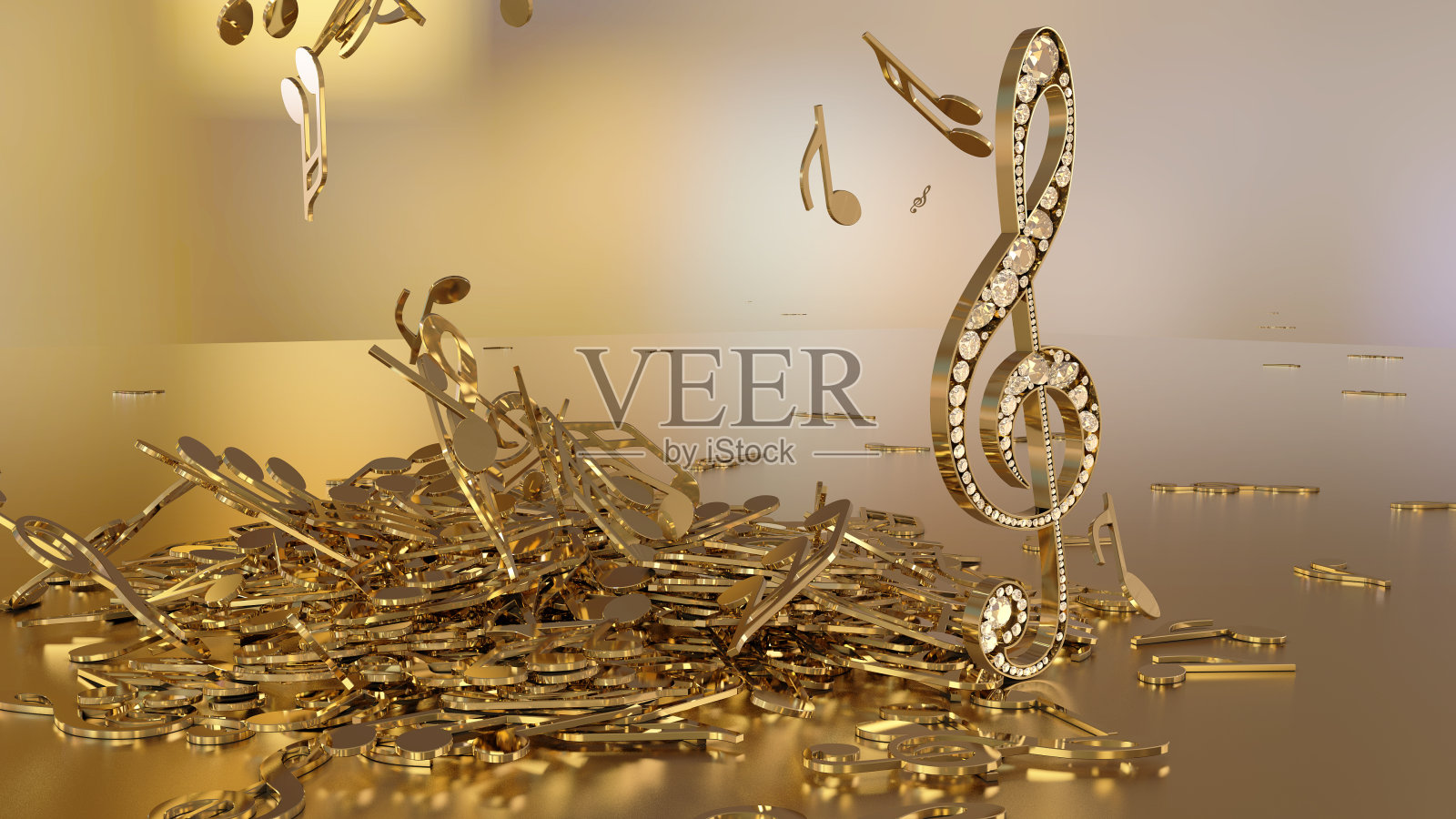 一个音乐的高音谱号和下降的音符的3D渲染照片摄影图片