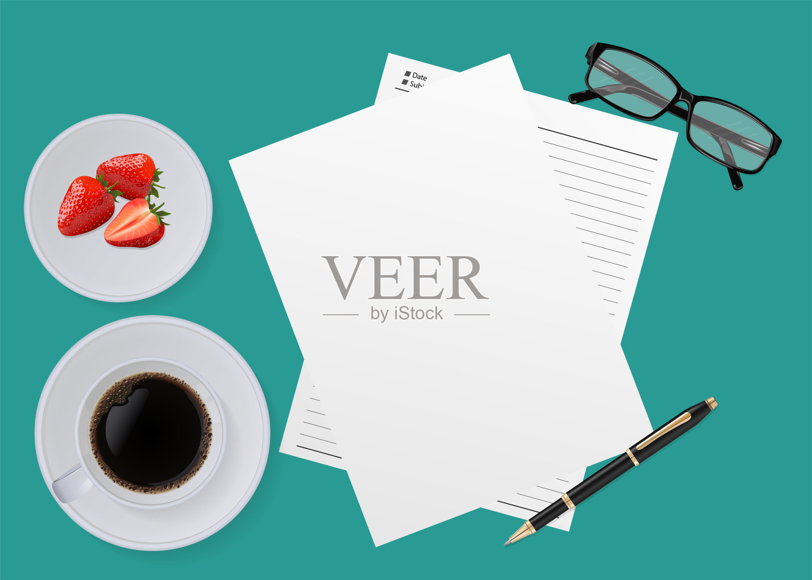 工作桌上的笔记本，笔，杯子，草莓和咖啡杯隔离在绿色的背景。顶视图与复制空间在白纸上。矢量插图。插画图片素材