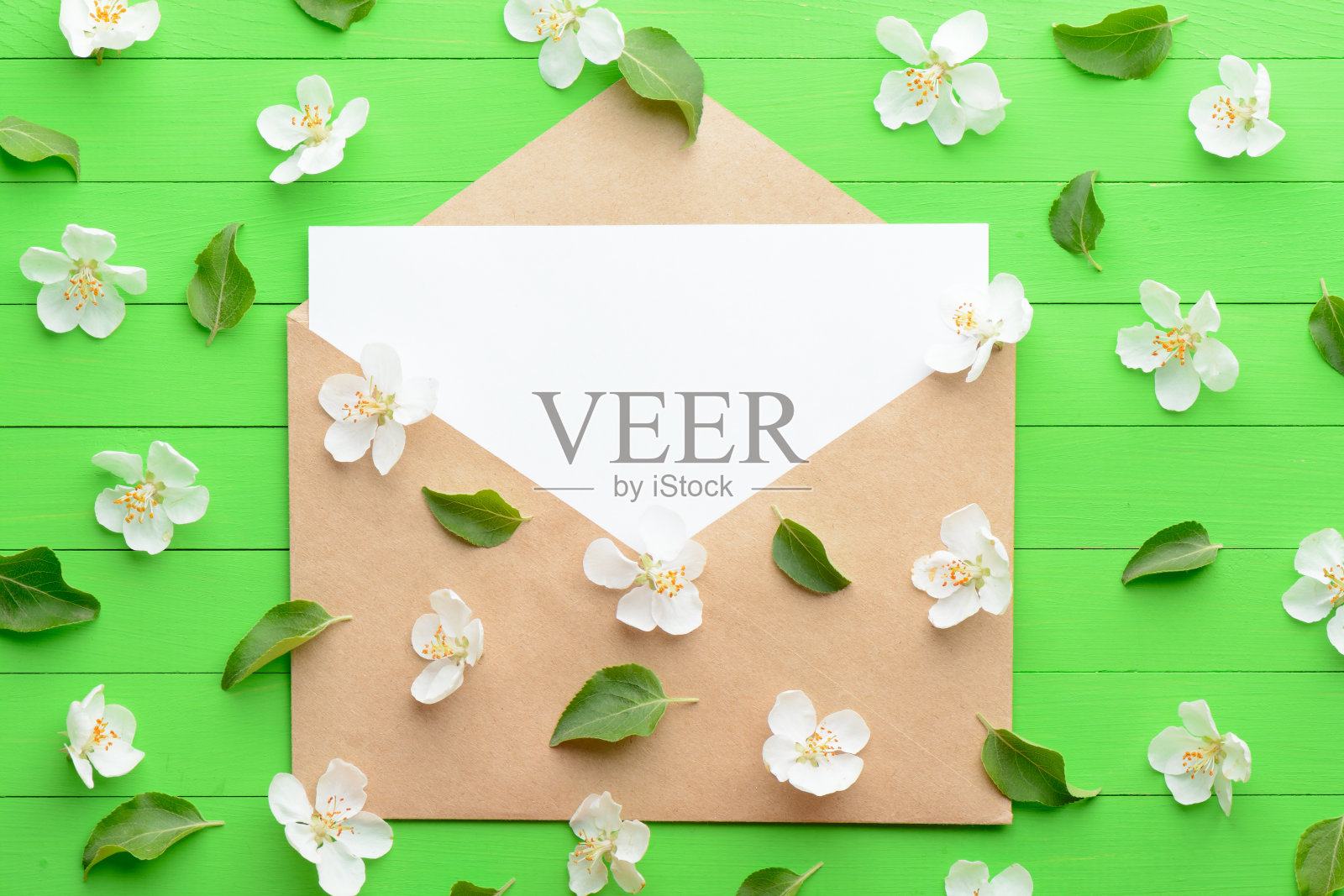 一张空白的纸和一个信封在绿色的木制背景照片摄影图片