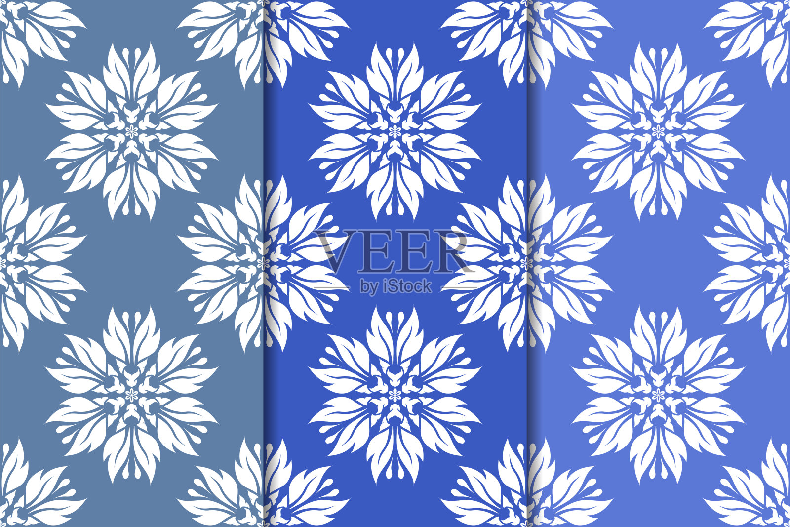 一套蓝色花卉图案。垂直的蓝色无缝图案插画图片素材