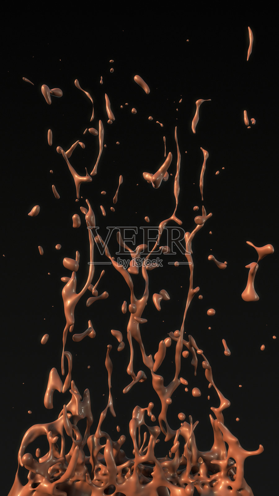 融化的巧克力糖浆漂浮在黑色的背景上。三维渲染照片摄影图片