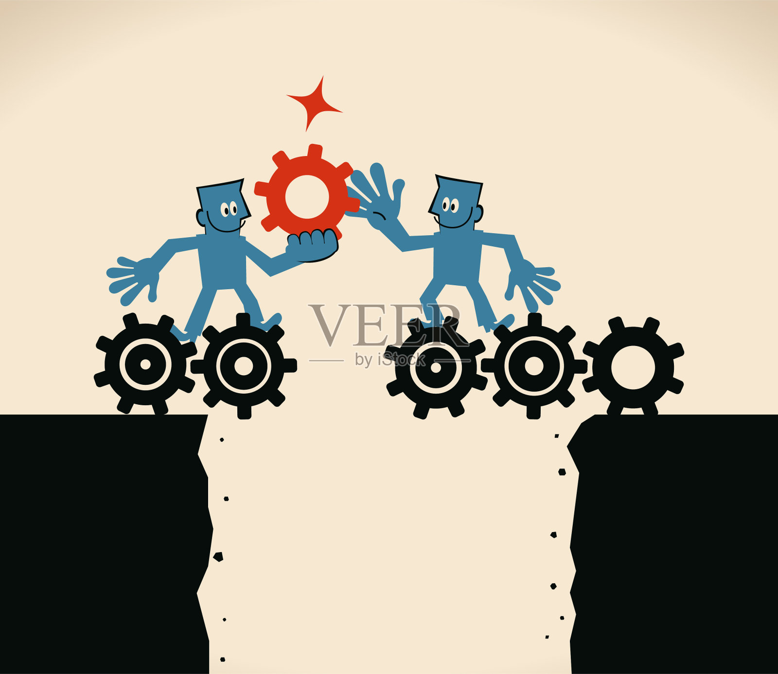 两个商人在一个跨越悬崖(深渊)的大齿轮桥上添加一个齿轮插画图片素材