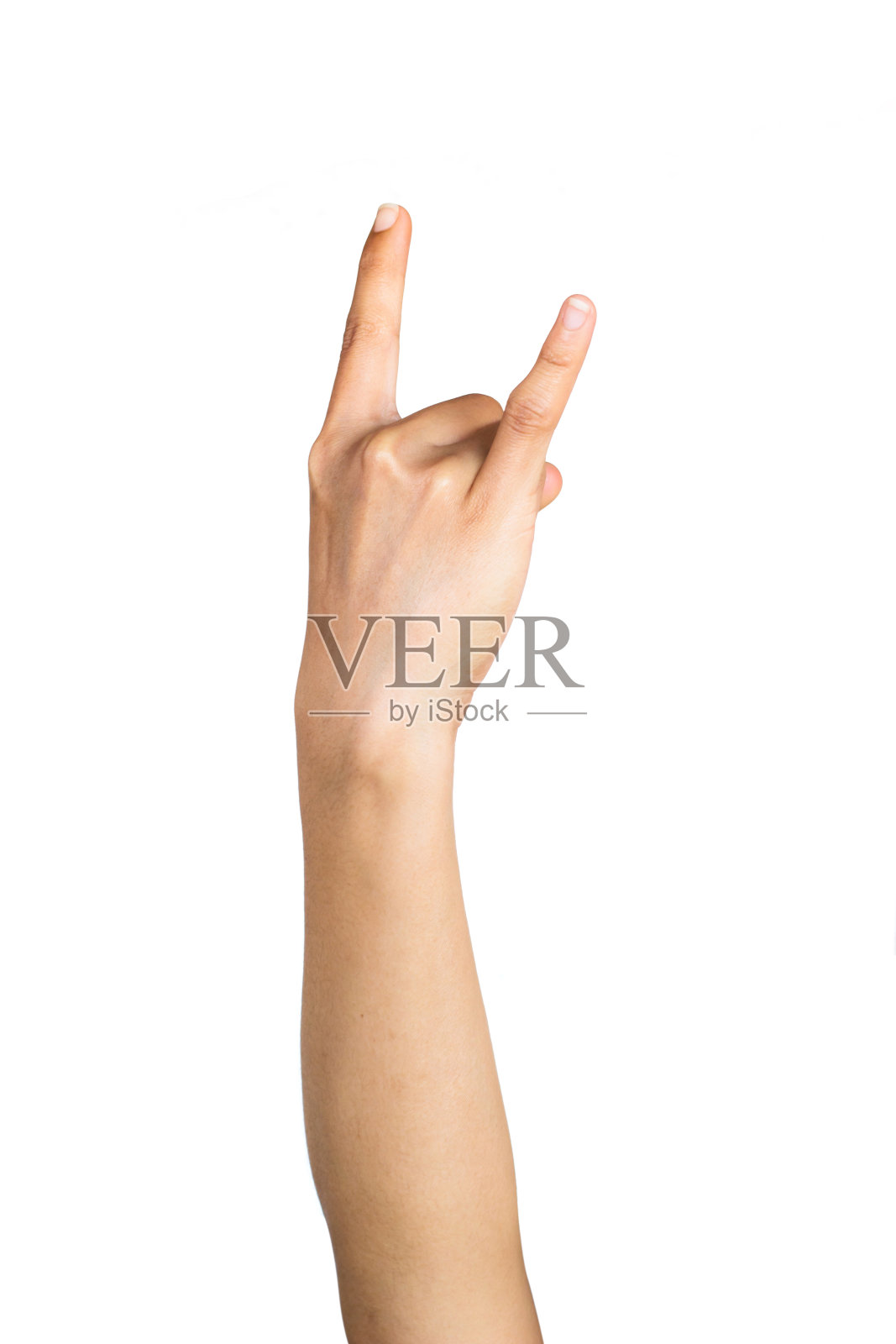 在白色背景上做喇叭手势或摇滚手势的女性手背。照片摄影图片