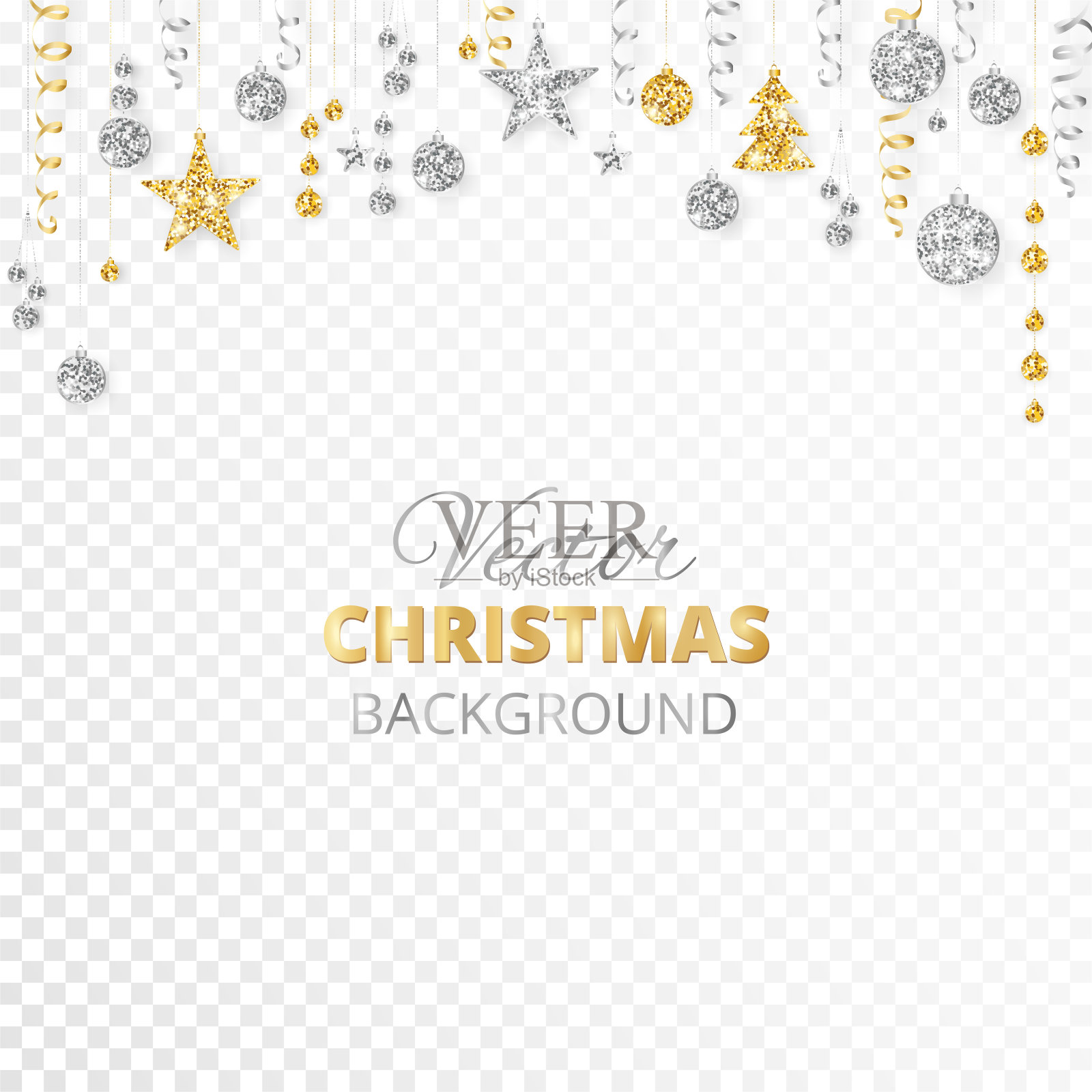 闪闪发光的圣诞装饰品。金色和银色的节日边境。花环与悬挂的球和丝带孤立在透明的背景。插画图片素材