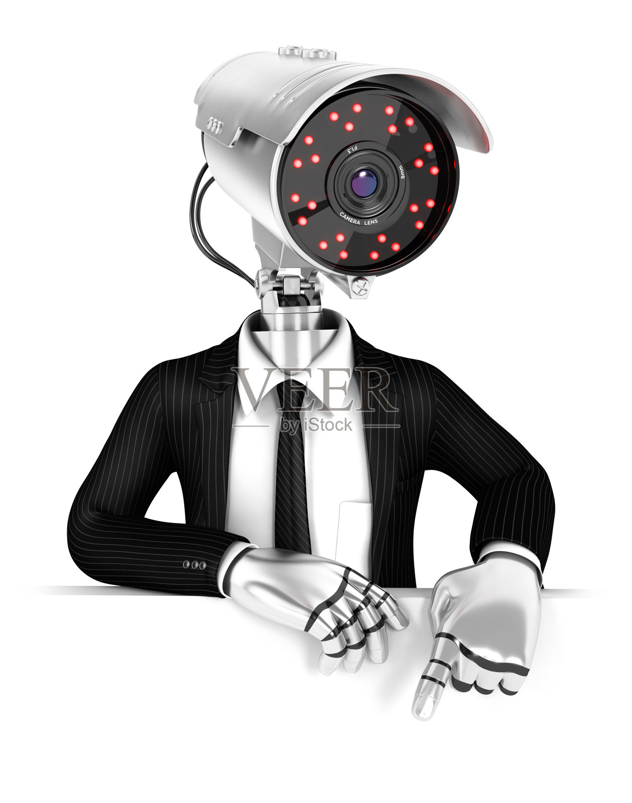 3d安全人员，摄像头头指向空墙照片摄影图片