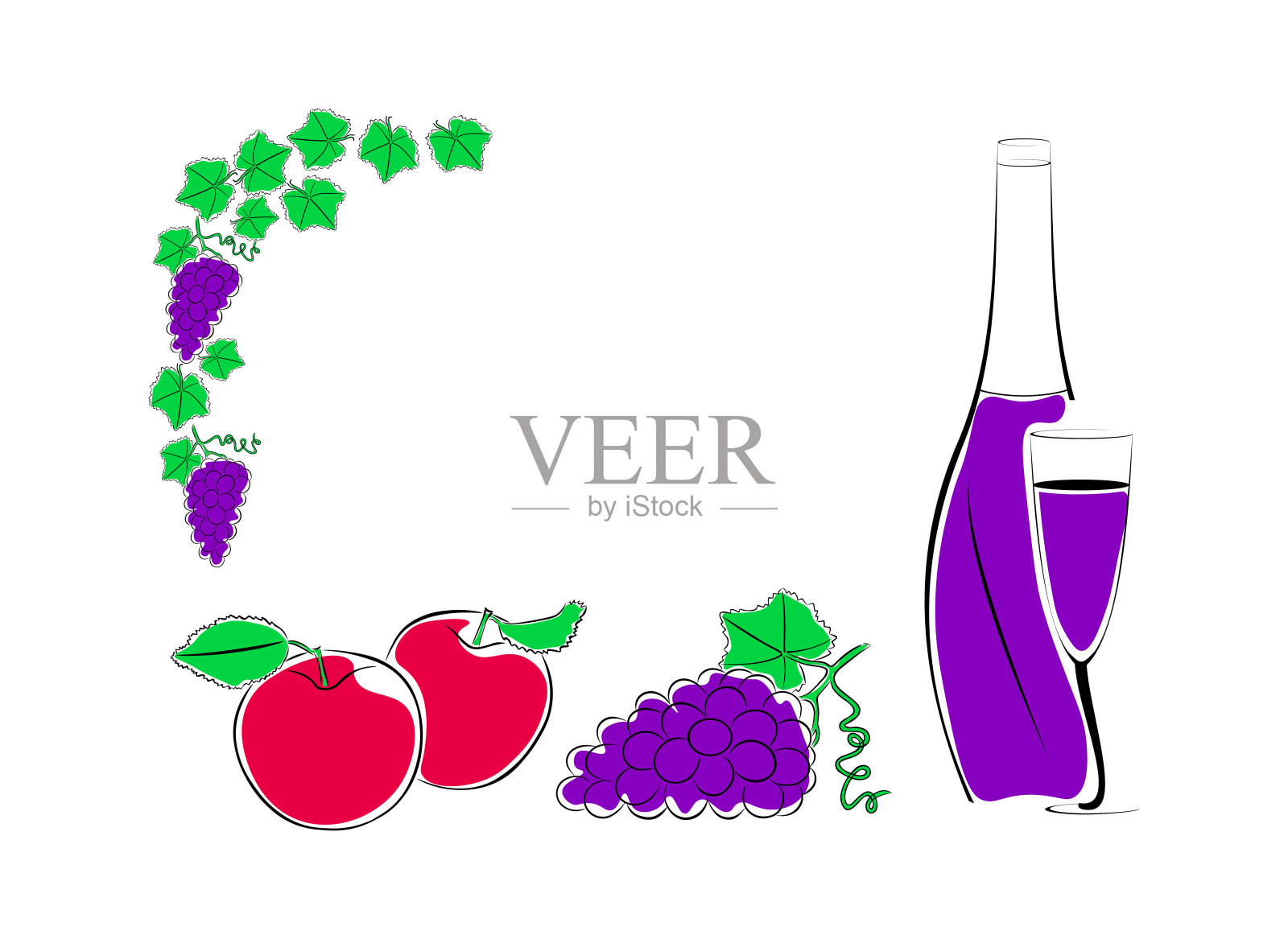 水果，一瓶酒和一个杯子插画图片素材