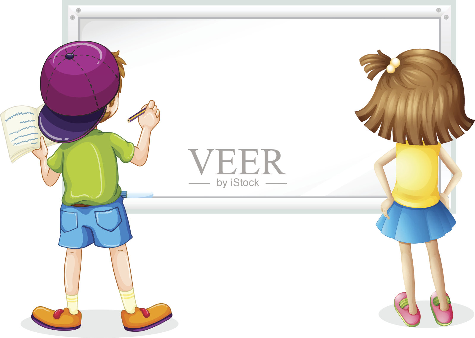 白板上有男孩和女孩在写字插画图片素材