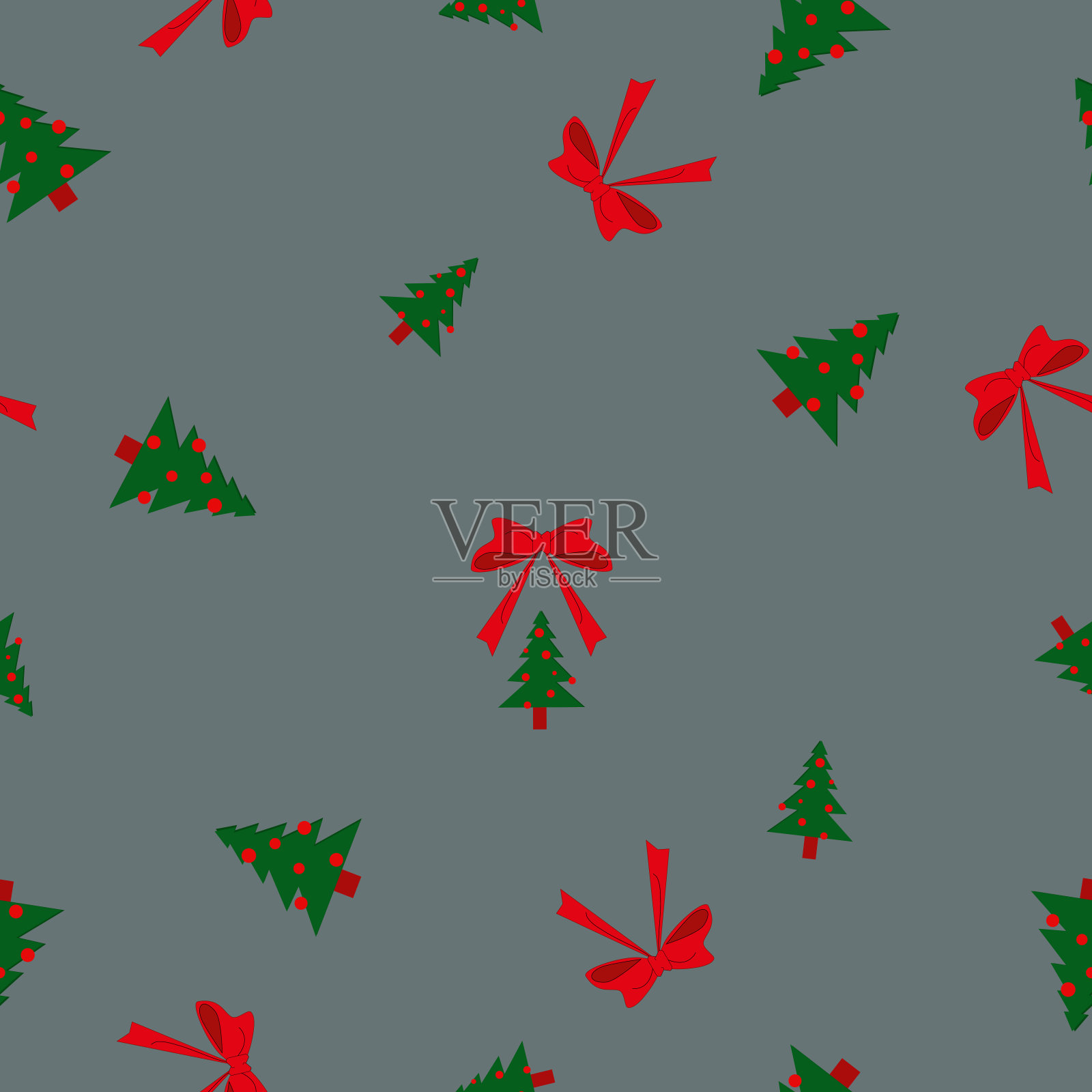 图案圣诞树，球，蝴蝶结在灰色插画图片素材