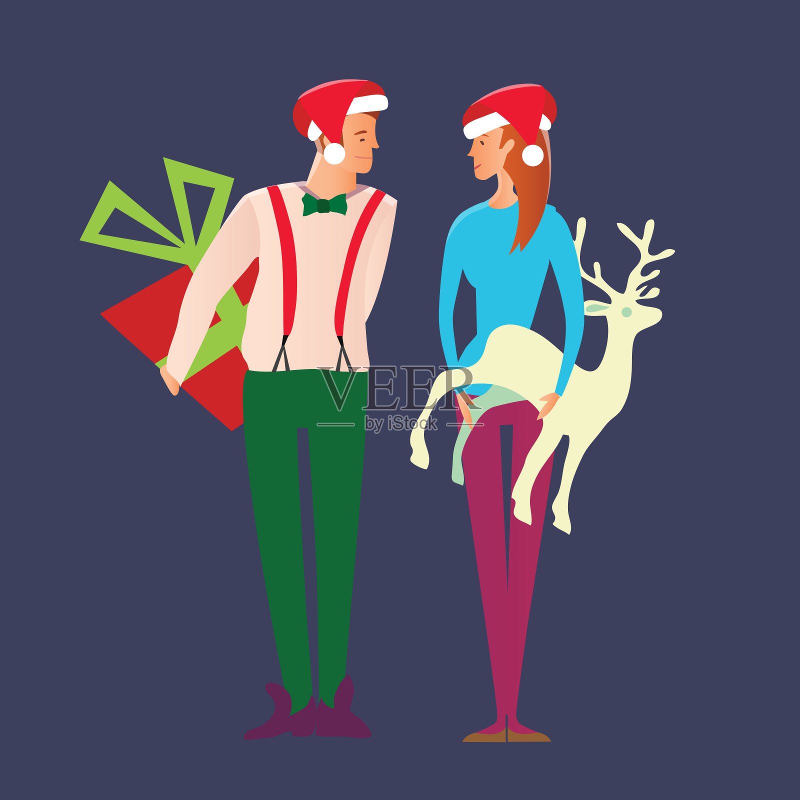 年轻夫妇庆祝新年。男人和女人拿着圣诞礼物。矢量插图。插画图片素材