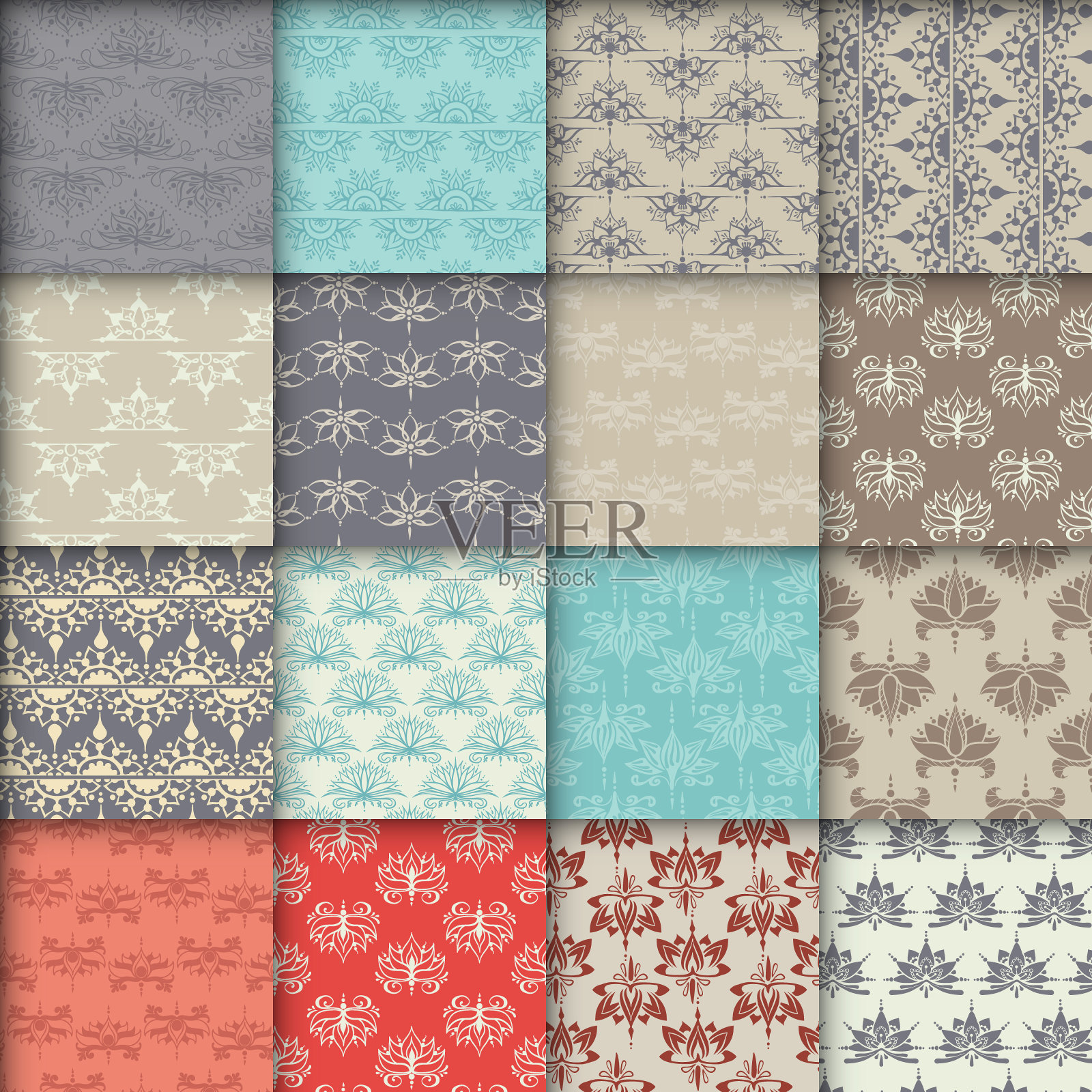 16款莲花无缝图案插画图片素材