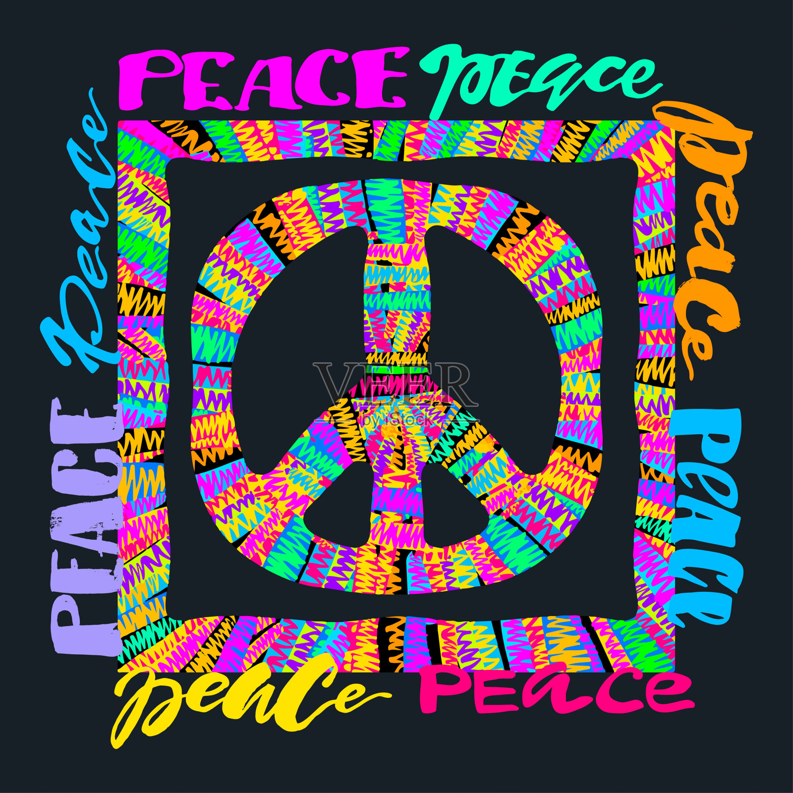 和平标志。明亮的刺绣和字母插画图片素材