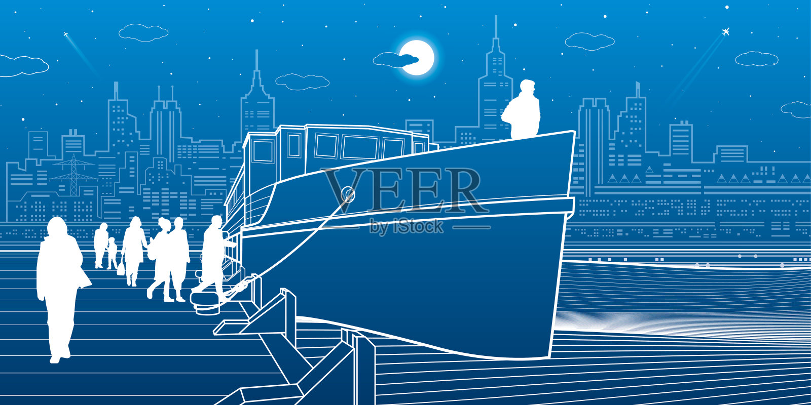 船在水边。人们上了船。城市生活。现代城市的背景。白线传输插图。蓝色背景。矢量设计艺术插画图片素材