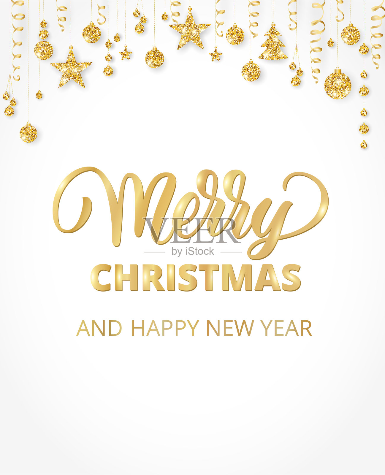 手写的圣诞快乐。金光闪闪的花边，花环上挂着球和丝带。插画图片素材