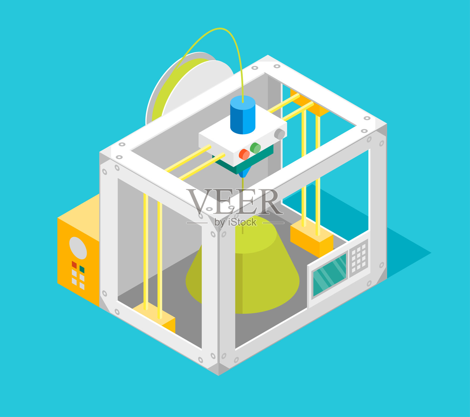 3d打印机平面设计风格的等距视图。向量插画图片素材