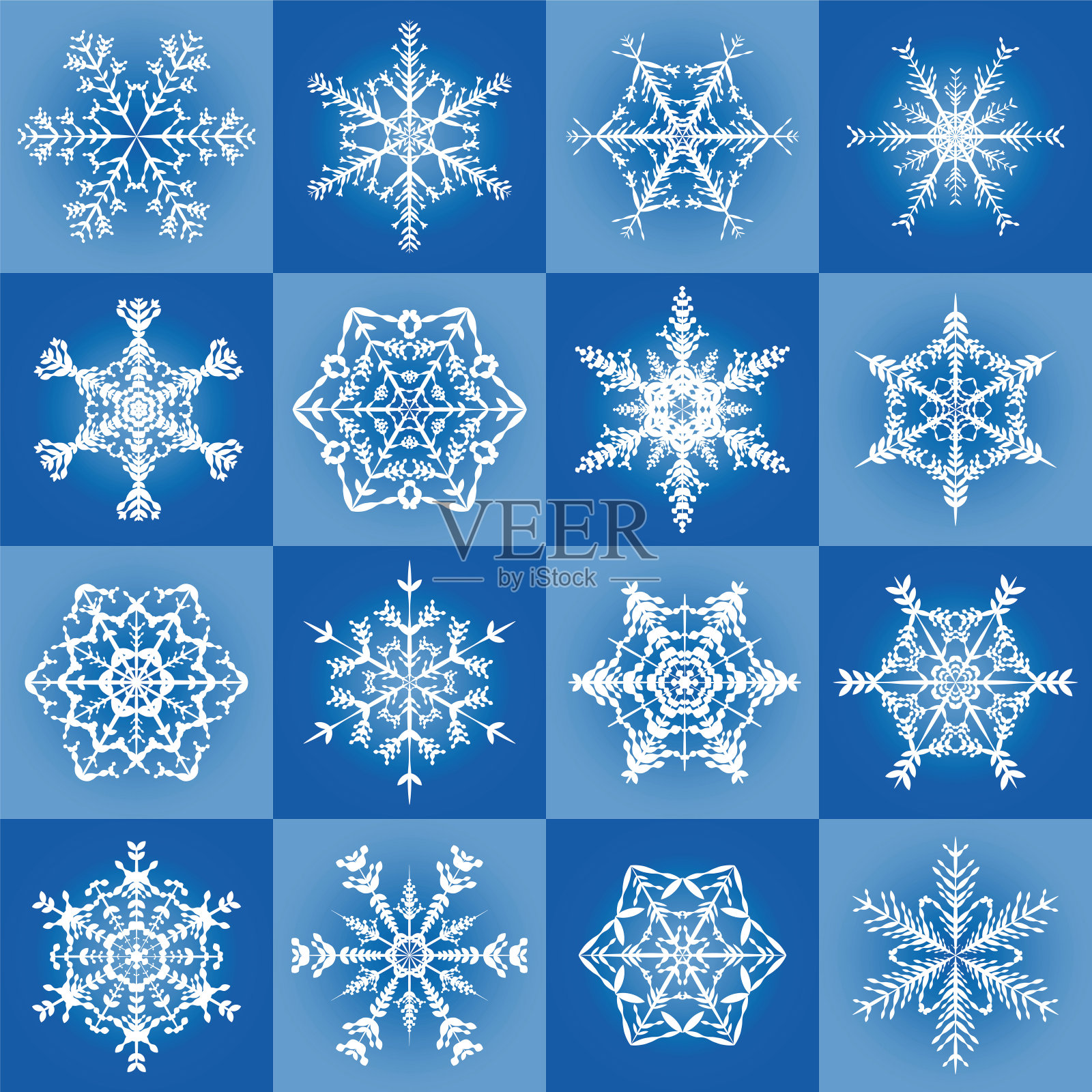 雪花-金银丝蓝色圣诞图案背景与16个不同的瓷砖-无缝扩展矢量插图。插画图片素材