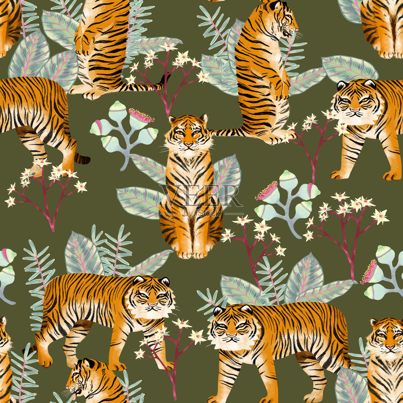 不同姿势的无缝老虎纹理插画图片素材