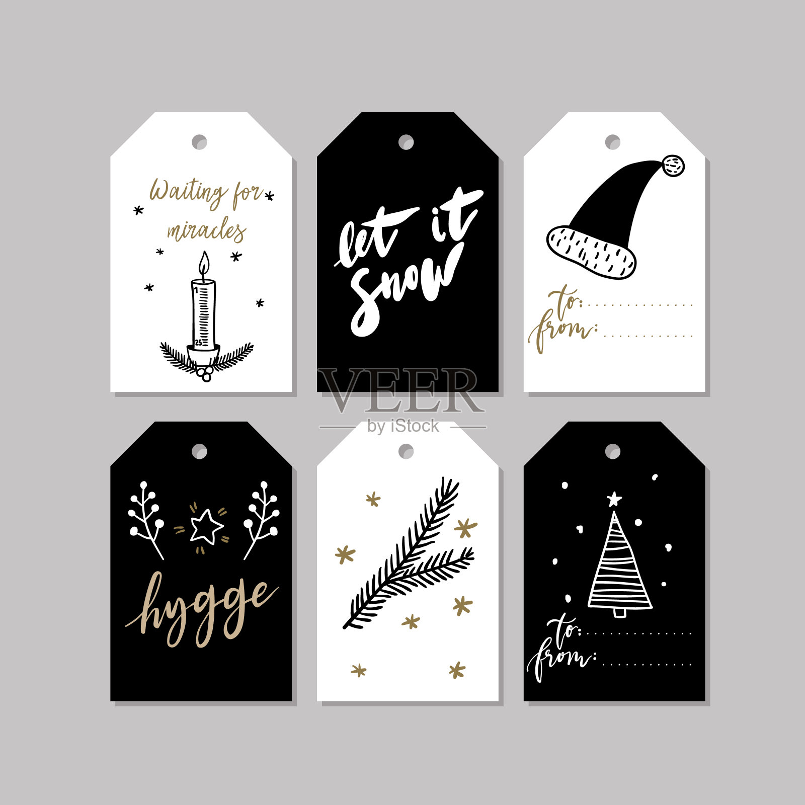 一套涂鸦圣诞问候标签。矢量手绘制可爱的图标。北欧风格。圣诞树，蜡烛，hygge，圣诞老人帽和字母。新年剪贴簿。假日节日聚会。插画图片素材