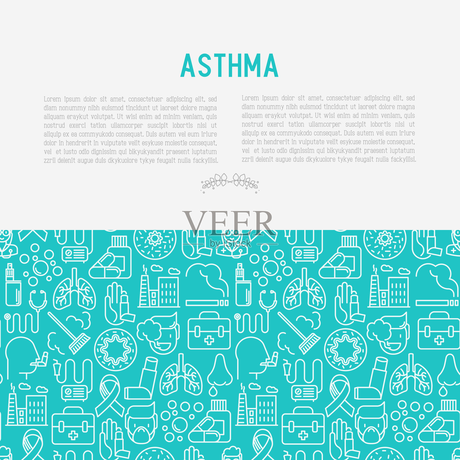 世界哮喘日概念与细线图标:空气污染，吸烟，呼吸器，治疗师，吸入器，支气管，过敏症状和过敏原。矢量插图的旗帜，网页。插画图片素材