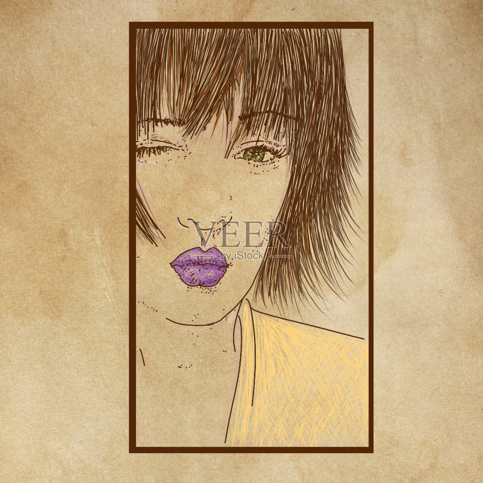 一个女孩的脸系着一个吻，嘴唇细节与紫色的口红和绿色的眼睛插画图片素材