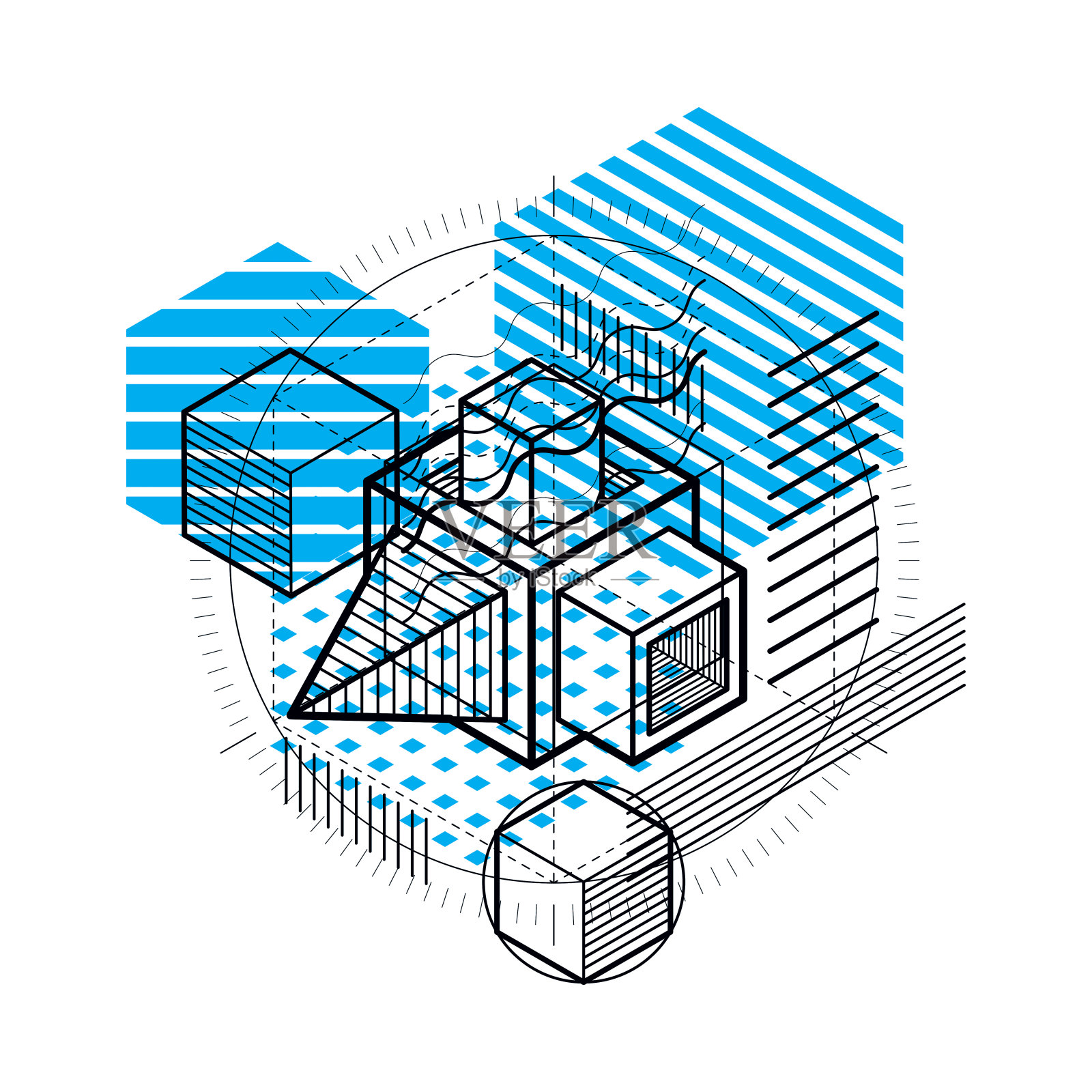 抽象背景与等距元素，矢量线性艺术与线和形状。立方体，六边形，正方形，矩形和不同的抽象元素。插画图片素材