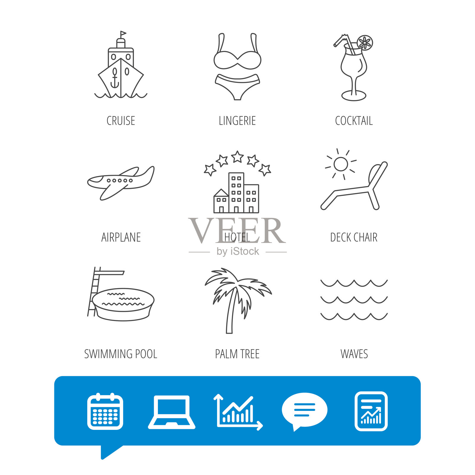 巡航，波浪和鸡尾酒图标。酒店标志。插画图片素材