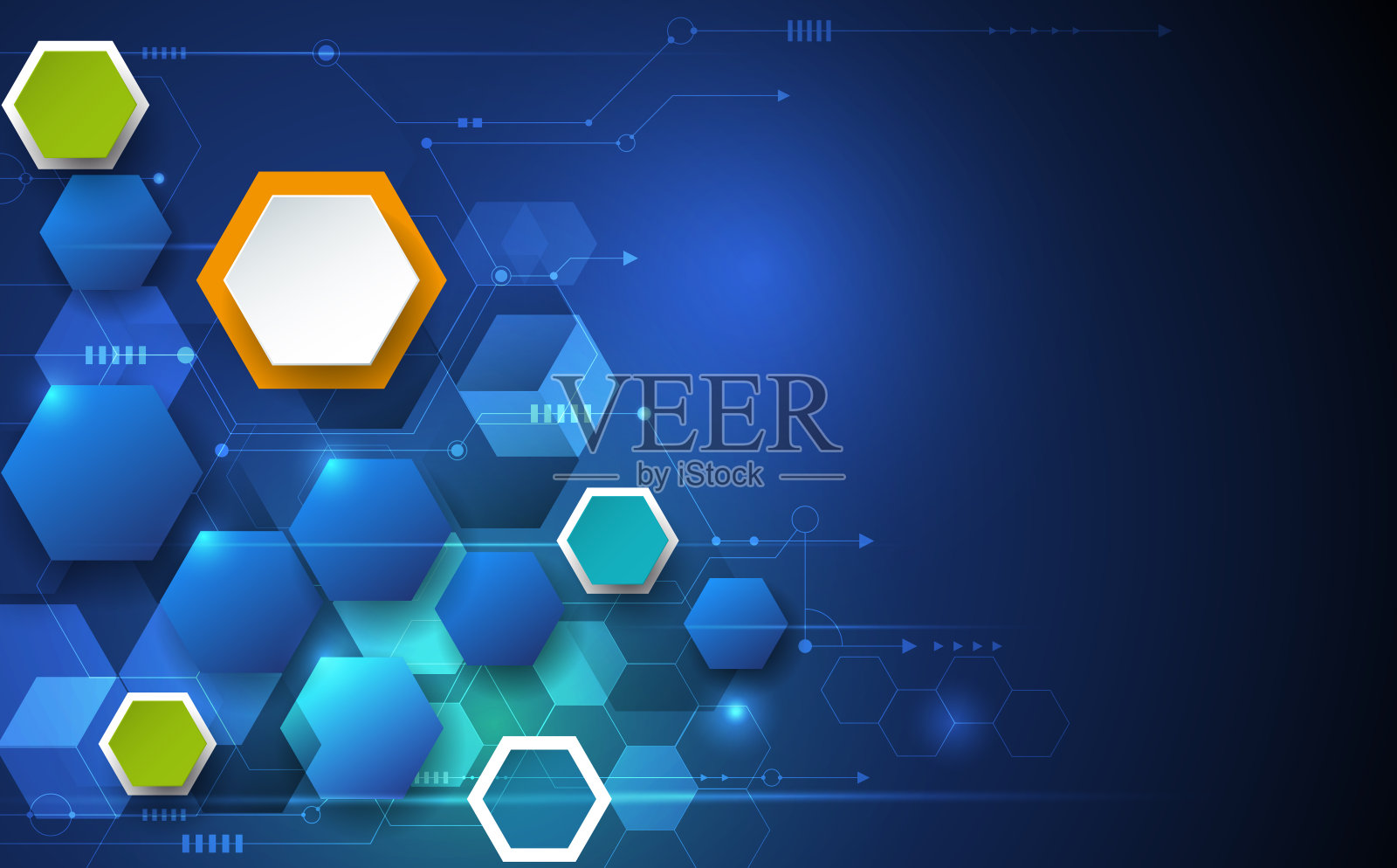 矢量插图电路板和三维纸六边形背景。插画图片素材