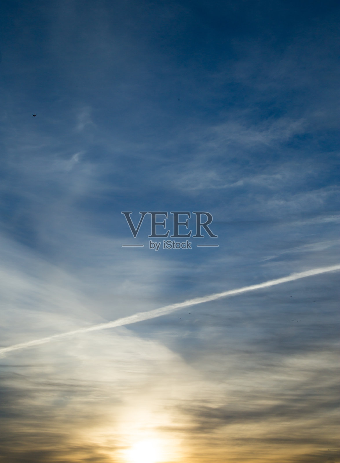 清晨天空中飞机上留下的云痕迹照片摄影图片