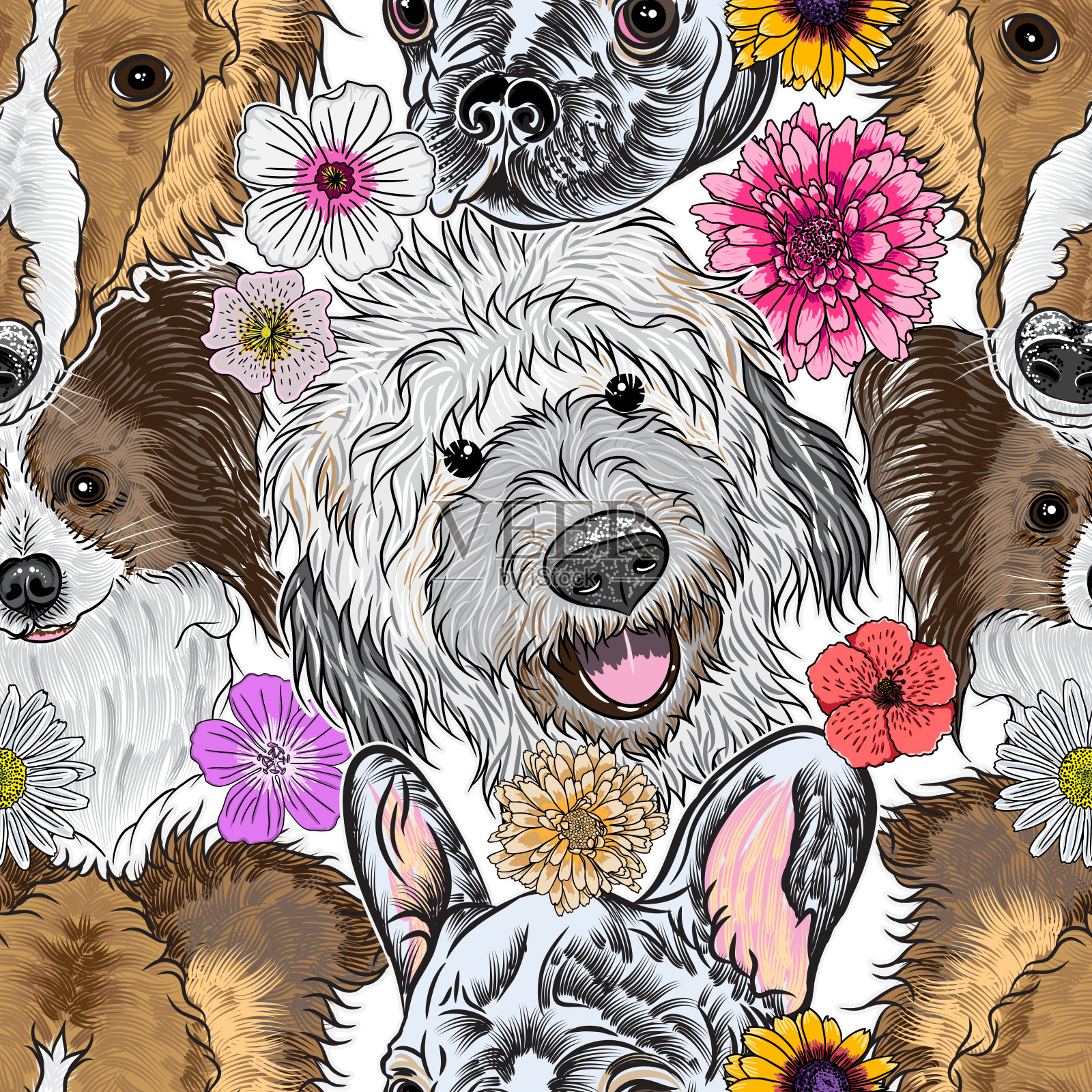 无缝图案纯种可爱人物肖像狗。手绘矢量壁纸表面纹理与小狗拉布拉多犬，牧羊犬，蝴蝶犬，法国斗牛犬。友好的狗无尽的背景。插画图片素材