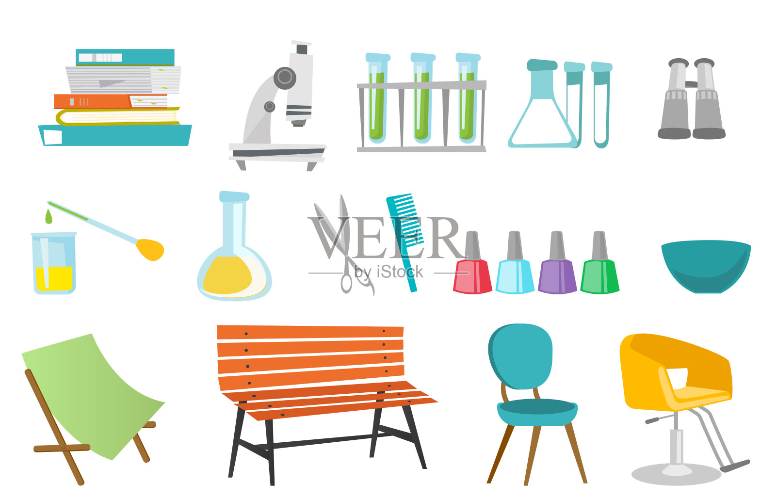 美容工具和实验设备成套插画图片素材