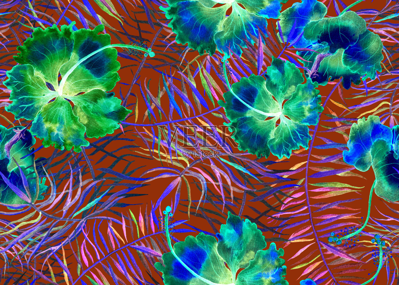 芙蓉模式。水彩热带背景。插画图片素材