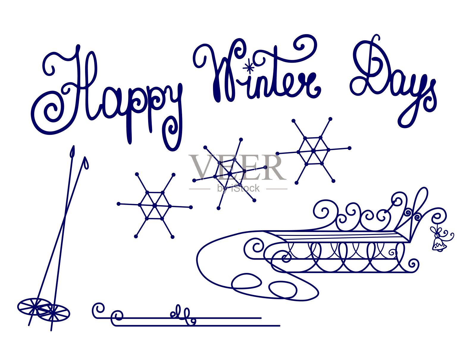 用手写的草书书写的字母如“快乐冬日”，用雪板、雪橇和雪花。插画图片素材