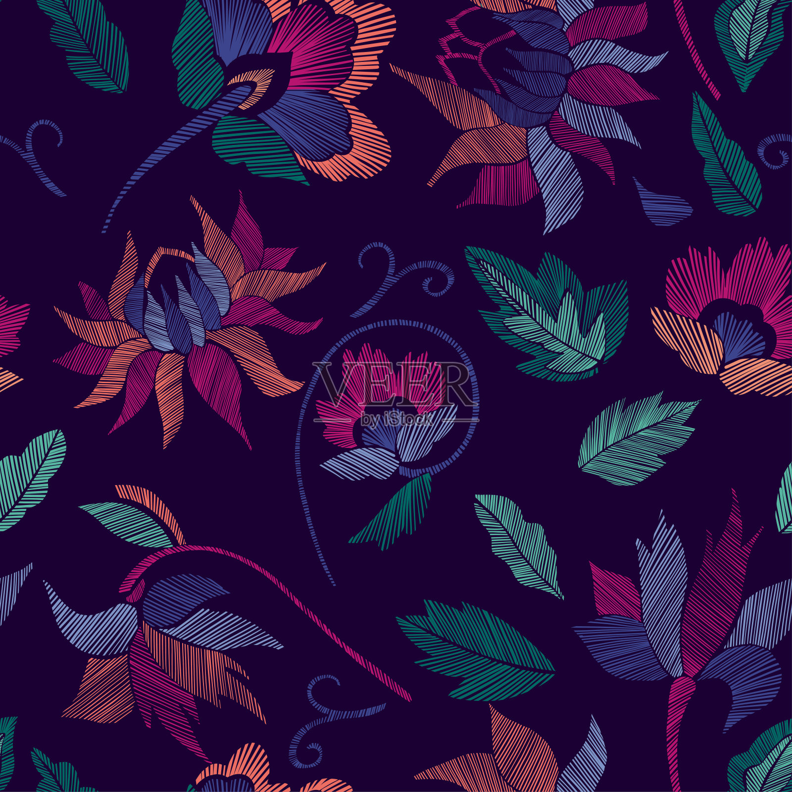 花卉无缝的背景图案与幻想的花和叶线艺术。刺绣花朵。矢量插图。插画图片素材