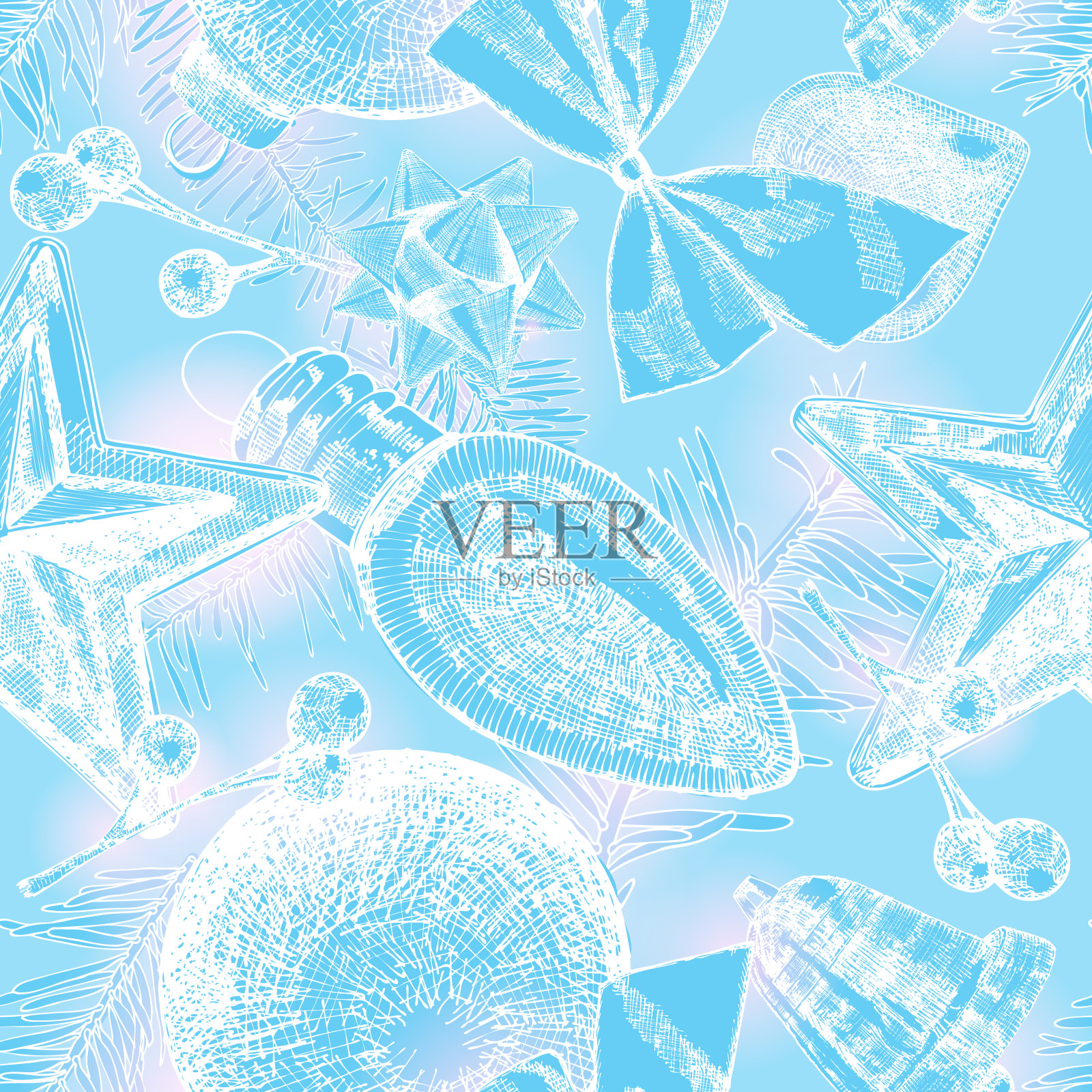 蓝色背景上的节日元素可爱无缝图案，用于圣诞节和新年装饰插画图片素材