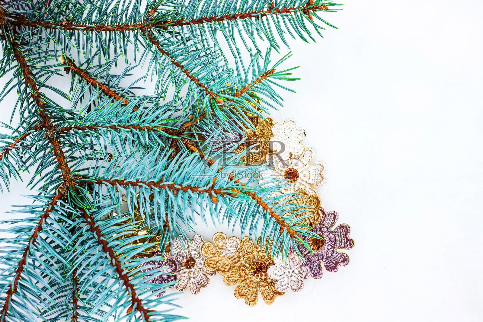 蓝色冷杉枝和金色的白色照片摄影图片