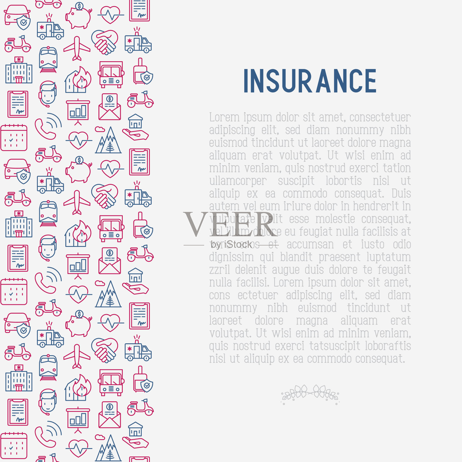 保险概念与细线图标:健康，生活，汽车，房子，储蓄。现代矢量插图横幅，网页模板，印刷媒体。插画图片素材