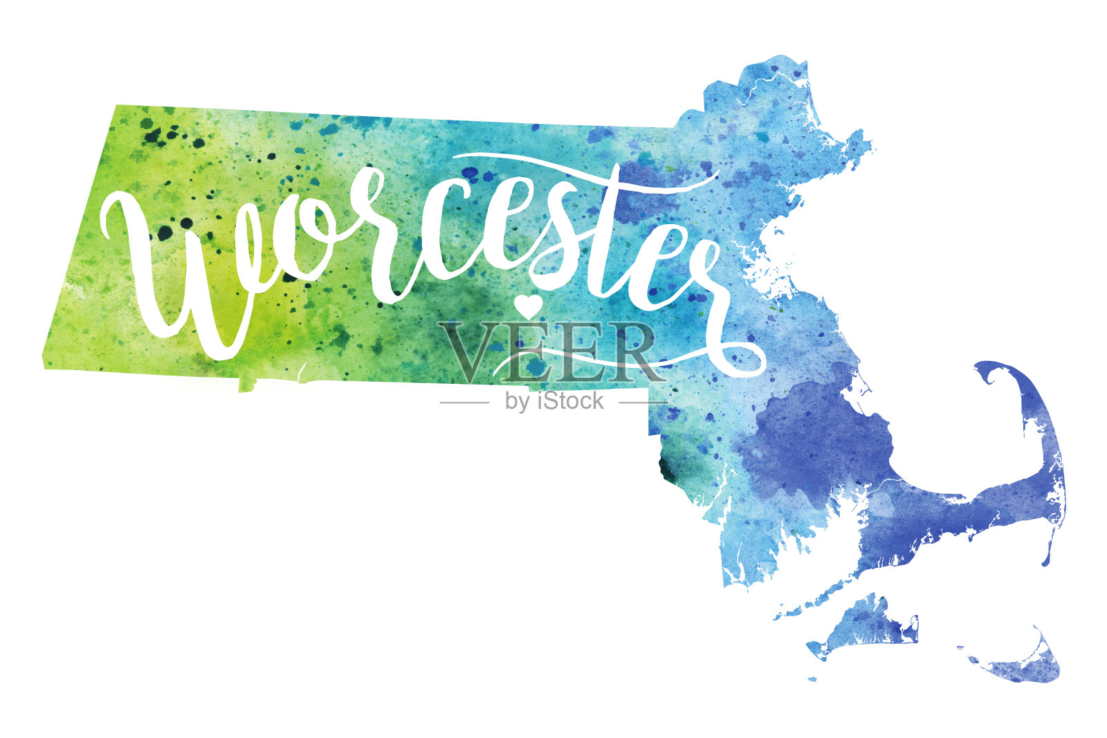 伍斯特，马萨诸塞州，美国水彩地图插画图片素材