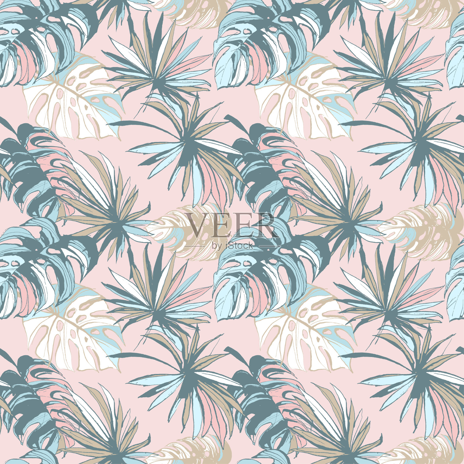 水墨无缝图案手绘素描热带棕榈叶。插画图片素材