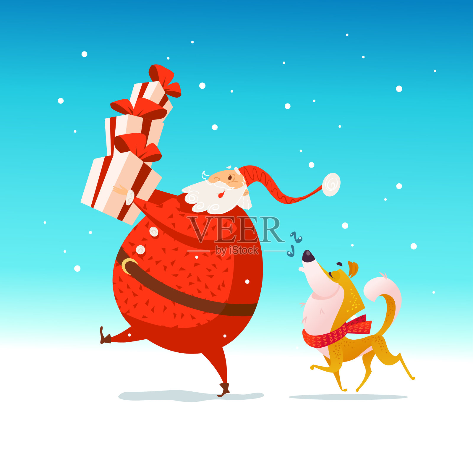 矢量平坦的快乐圣诞插图与快乐的圣诞老人拿着礼物盒和狗在圣诞老人帽孤立在蓝色背景。插画图片素材