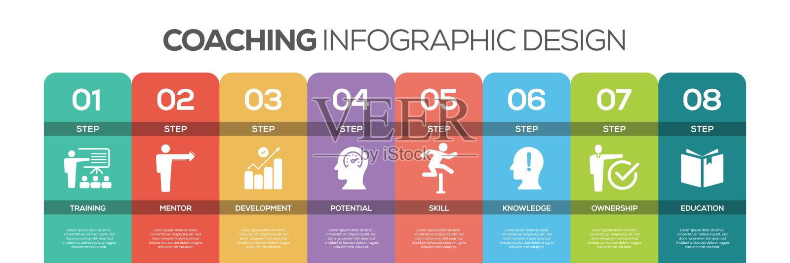 时间轴信息图设计向量与图标，可以用于工作流布局，图表，年度报告，和网页设计。指导概念有8个选择，步骤或过程。插画图片素材