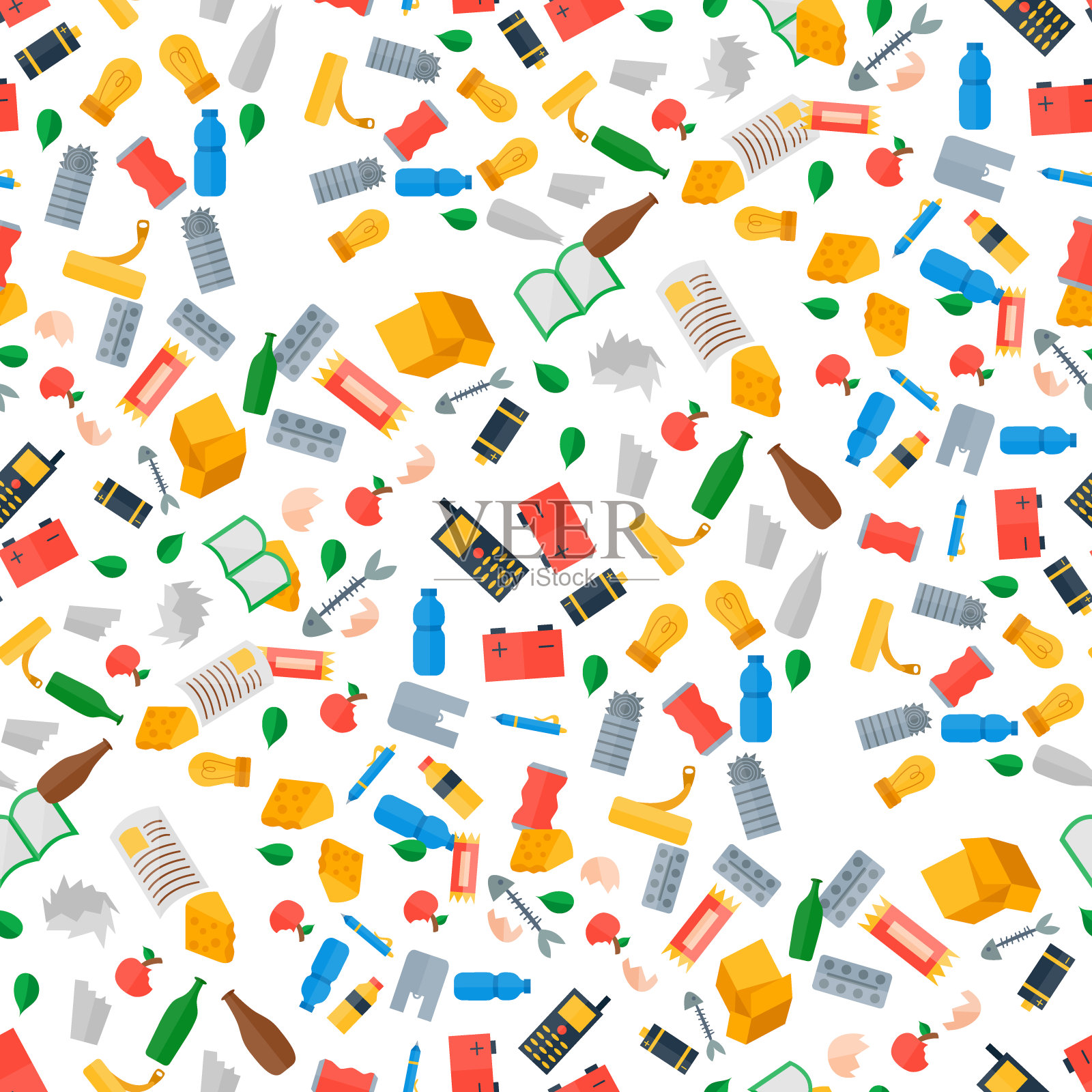 垃圾回收垃圾分类处理无缝图案背景处理重制作垃圾利用图标矢量插图插画图片素材