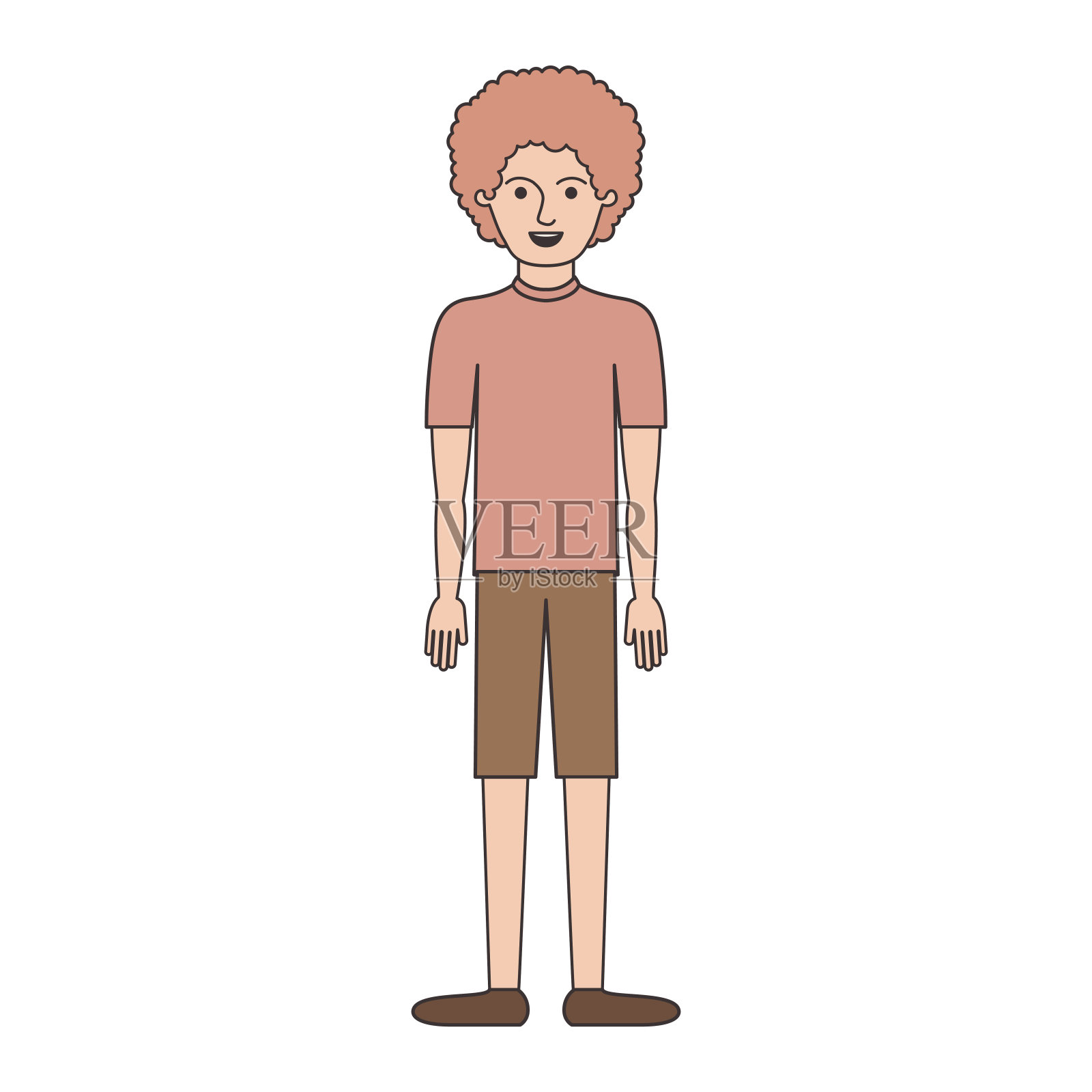 男子全身t恤，短裤和鞋子与卷曲的头发在彩色剪影设计元素图片