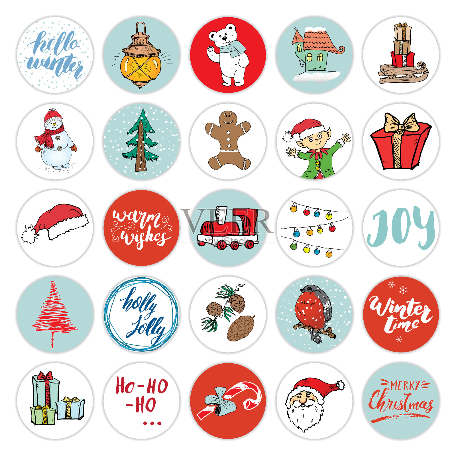 圣诞节的图标集。手绘元素冬季假日图标设计集。矢量图插画图片素材