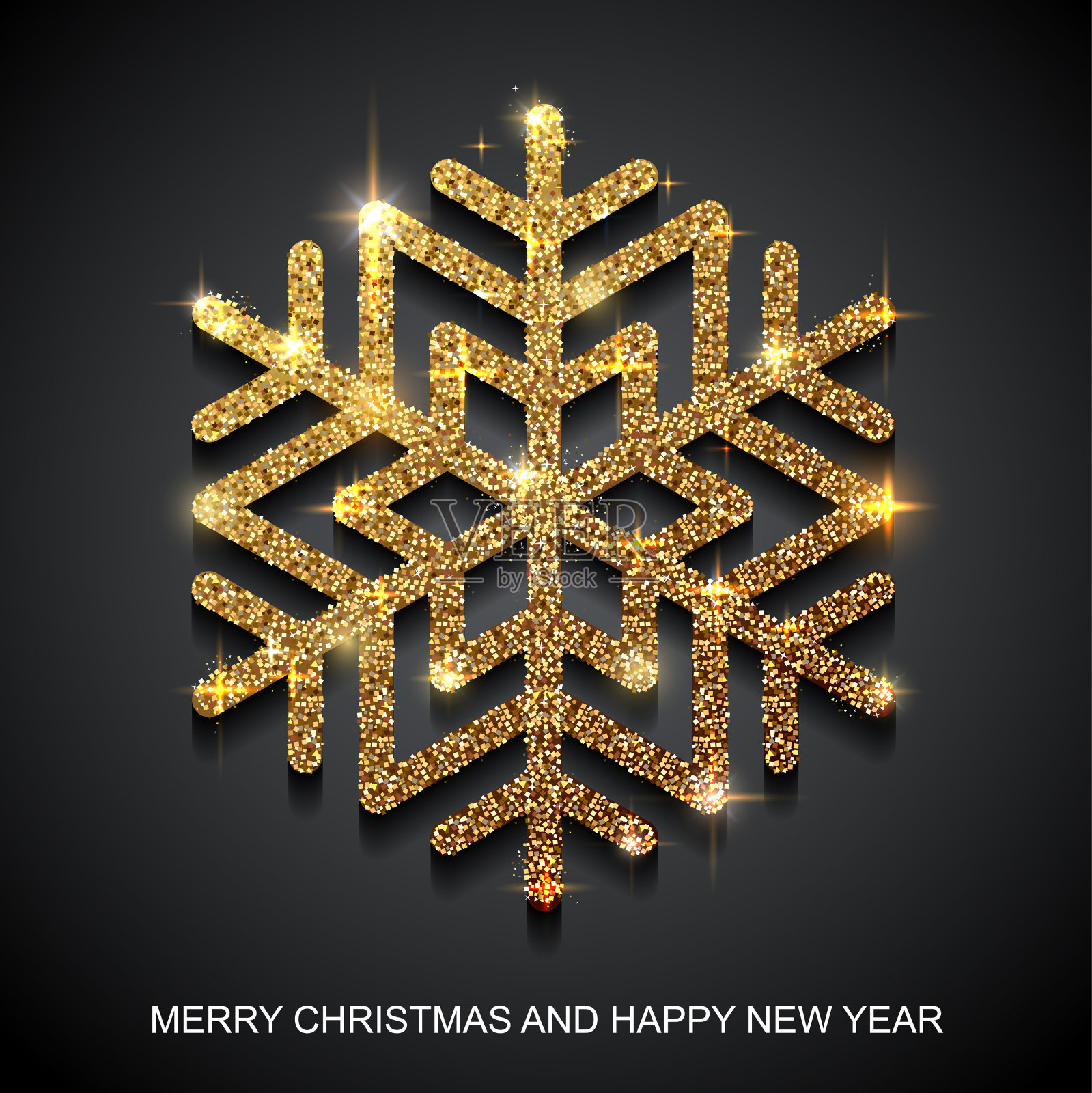 闪闪发光的金色雪花，纹理闪闪发光，献给圣诞、新年和圣诞贺卡。矢量黑色背景与孤立的冬季雪花插画图片素材