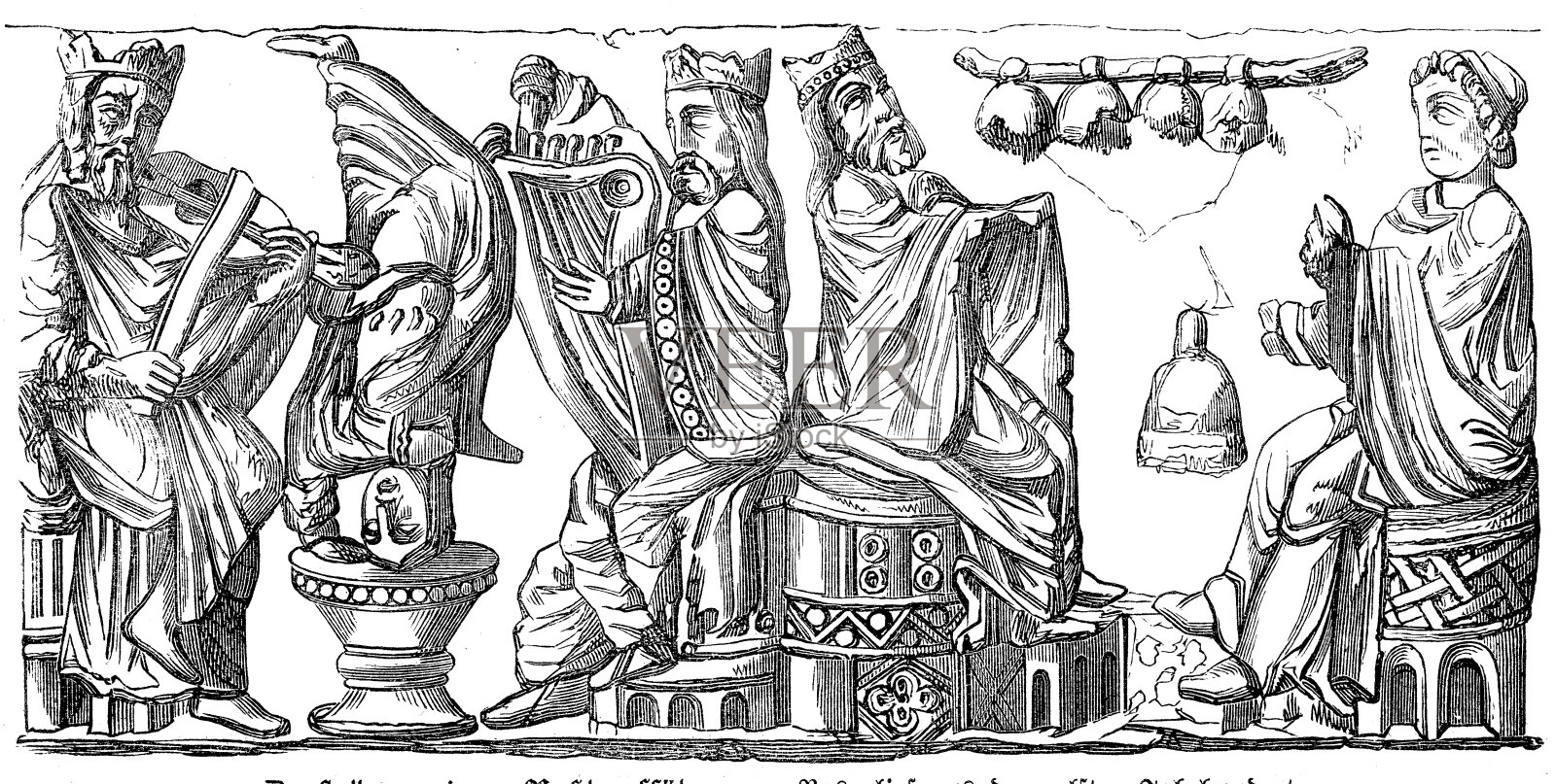 中世纪演奏乐器的中世纪音乐家插画图片素材