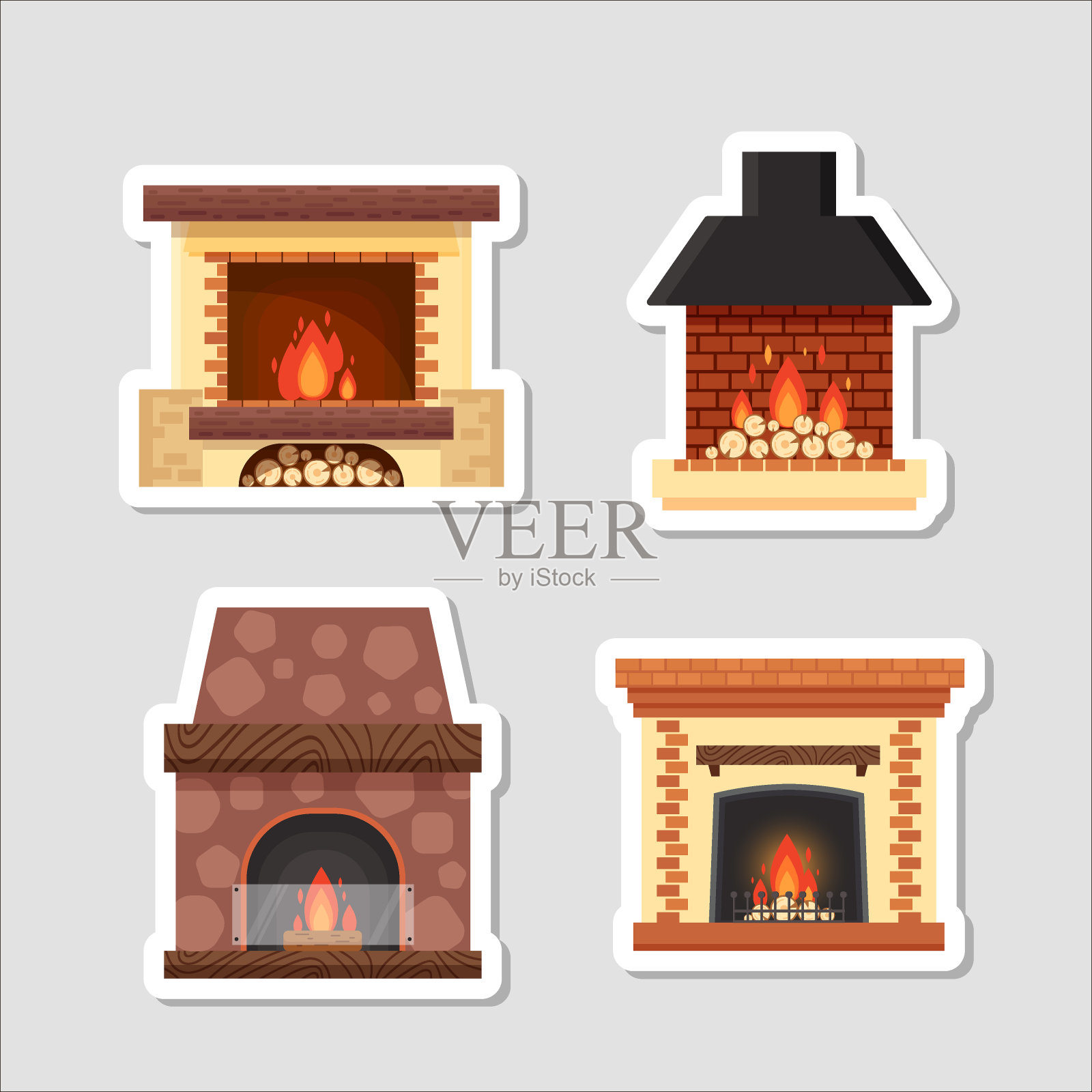 贴图向量设置不同的彩色家庭壁炉与火和柴火在灰色背景。设计元素，粘贴标签在平面风格-库存插图插画图片素材
