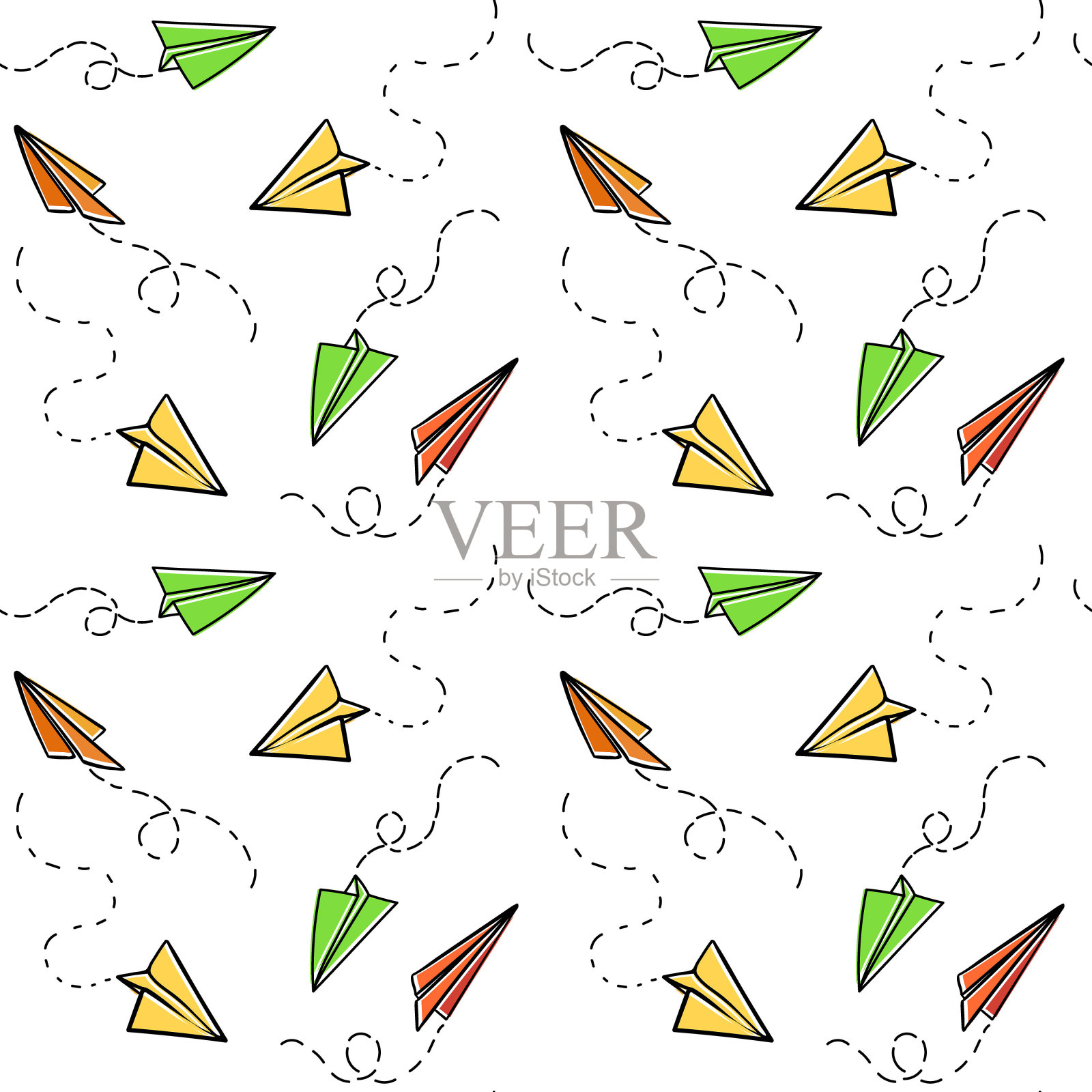 无缝模式与矢量纸飞机。旅行,路线的象征。矢量插图的背景与手绘纸飞机。大纲。手绘涂鸦飞机。黑色线性纸平面图标插画图片素材