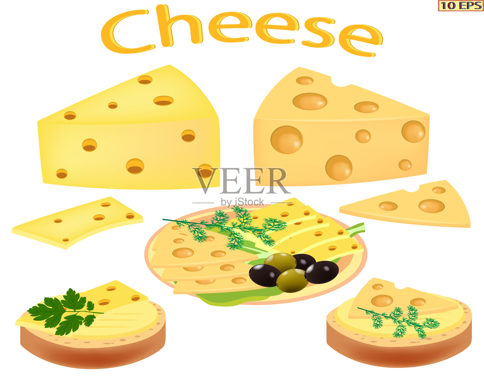 奶酪、三明治奶酪切片和番茄矢量图，适用于食谱、菜单餐厅和厨房室内设计插画图片素材