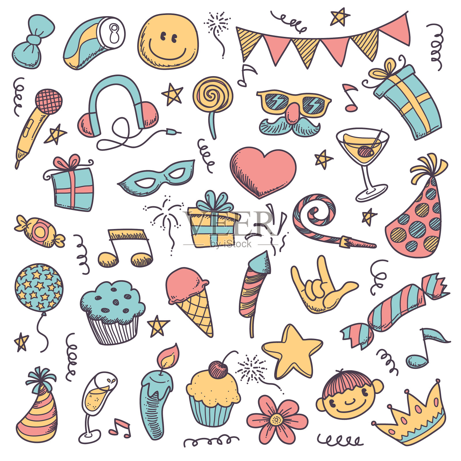 可爱的涂鸦派对图标集插画图片素材